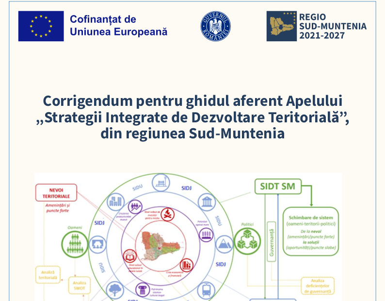 Corrigendum pentru ghidul aferent Apelului „Strategii Integrate de Dezvoltare Teritorială”,  din regiunea Sud-Muntenia